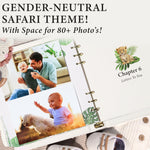 Baby Book Keepsake - Timeless Baby Memory Book for Boy or Girl I First 5 Year I Faux Leather, Gender Neutral, Safari Theme w/Gold Foil Stamp - Baby First Year Book Journal Scrapbook Photo Album Shower