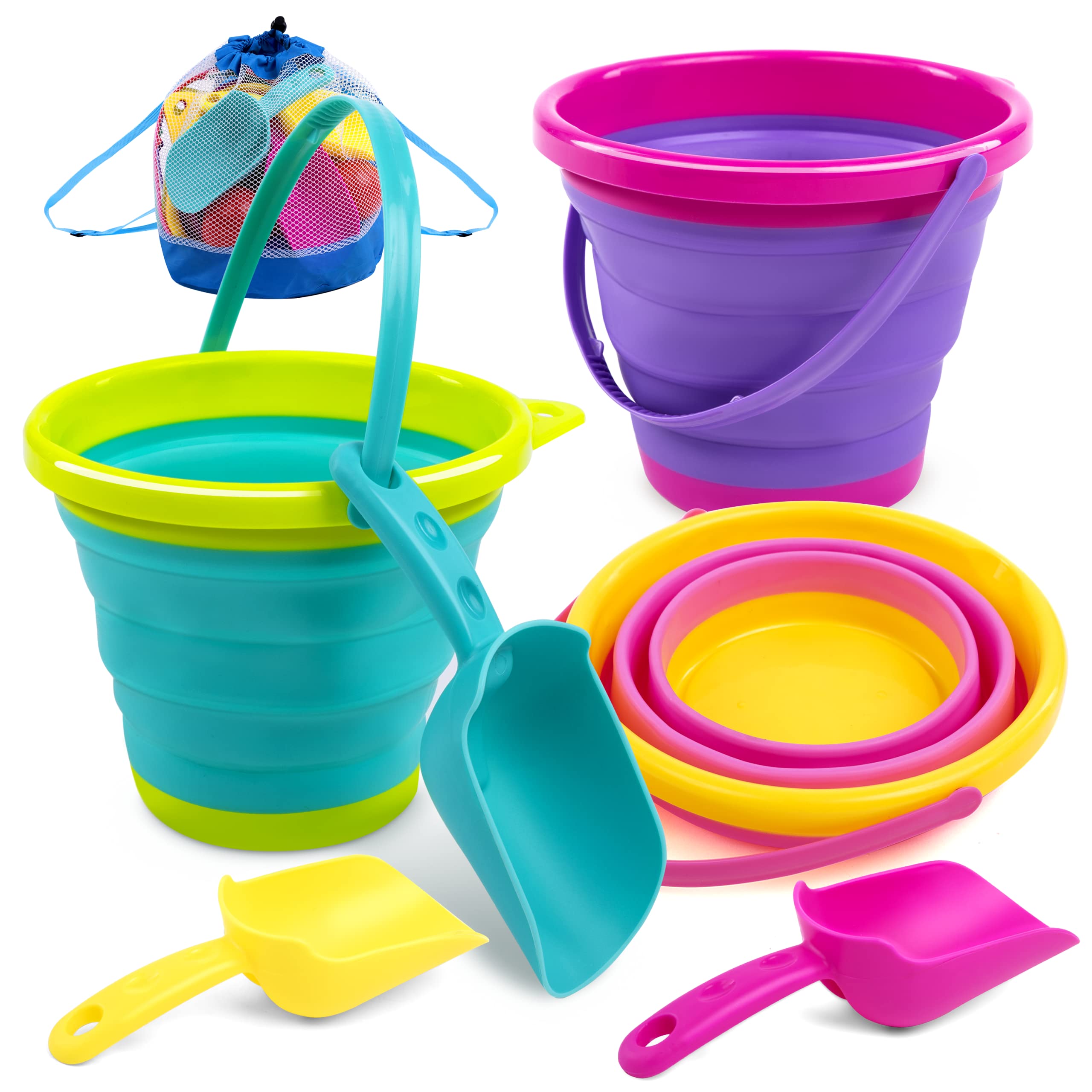 JOYIN 3 Packs Foldable Pail Bucket with Shovels & Mesh Bag, Collapsible Buckets Multi Purpose for Beach, Camping Gear, Beach Party, Fishing, and Fun Summer Activities (Yellow/Blue/Green)