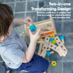 PlanToys Wooden Transforming Robot Tool Box with Wrench, Nuts & Bolts, Wooden Planks, and Shapes| Sustainably Made from Rubberwood and Non-Toxic Paints and Dyes