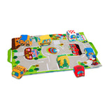 Colorful children's play mat with toy cars on a white background