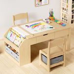 5-in-1 Kids Table and Chairs, Toddler Table and Chair Set with Drawers, Convertible Craft Play Desk with Art Easel & Paper Roll Holder, Children Activity Learning Center with Storage – Nature Wood