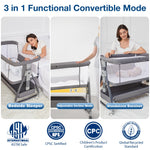 Jixrolyn 3 in 1 Baby Bassinet Bedside Sleeper, Height Adjustable Bedside Bassinet for Newborn and Infant with Mattress, Storage Basket, and Wheels (Grey)