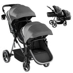 MU Double Stroller, Foldable Twin Tandem Stroller with Adjustable Backrest, Reversible Seat, 5-Point Harness, Storage Basket, Convertible Baby Bassinet for Infant and Toddler, Gray