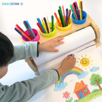 Wooden Tabletop Paper Roll Dispenser with Safety Sliding Cutter - Kids Art Easel with Roll of Paper (11.4”x 98.4ft)- Pencil Cups and Drawing Kit 30 Piece Set (Safety Sliding Cutter)