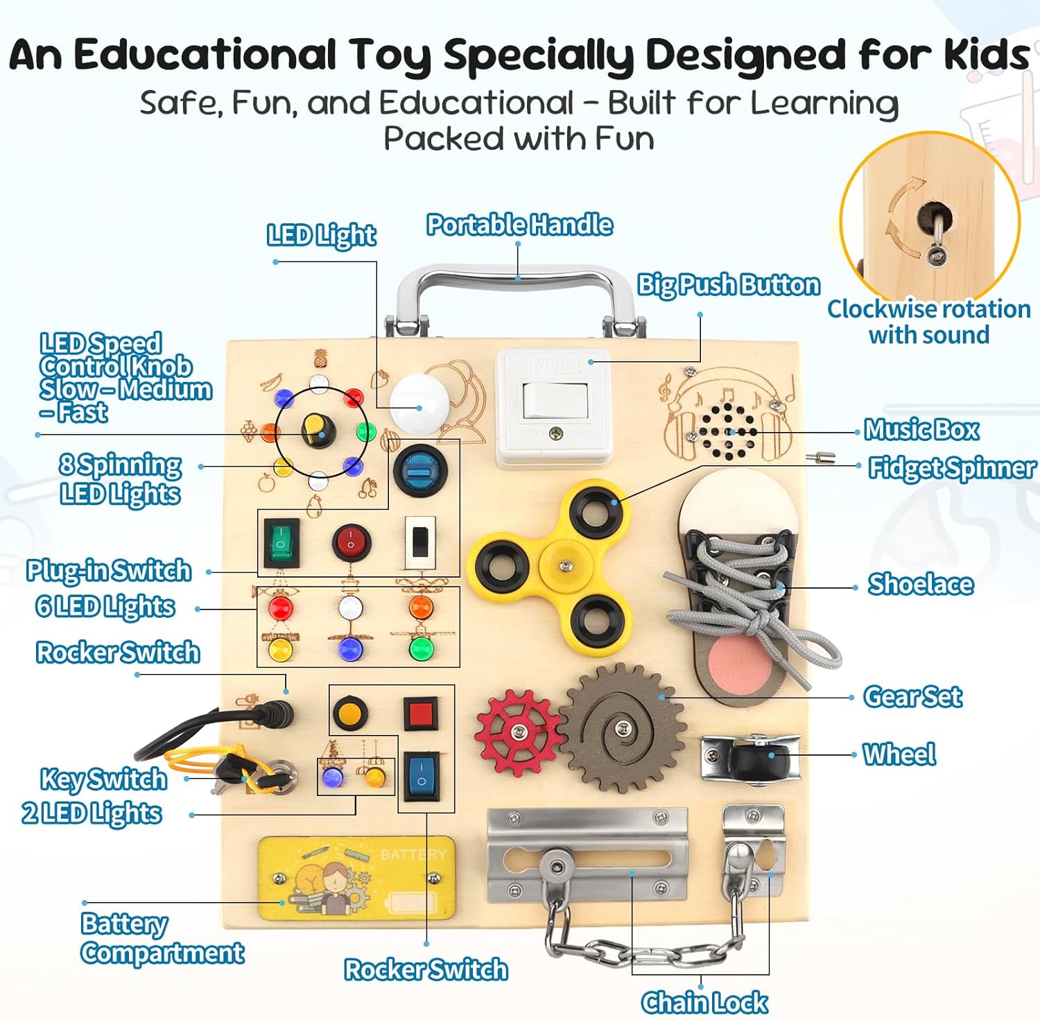 Wooden Busy Board with LED Light–Montessori Baby Learning Toys for Toddlers 1-4, Sensory Activity Board, Travel Toys & Educational Birthday / Christmas Music Gifts for 1+ Year Old Boy (Silver Handle)