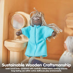 PlanToys® Wooden Grandmother Dollhouse Figure - Dark Skin Tone | Poseable 1:12 Scale Dollhouse People | Montessori Pretend Play Doll with Bendable Arms & Legs | Eco-Friendly Wooden Figurine for Kids