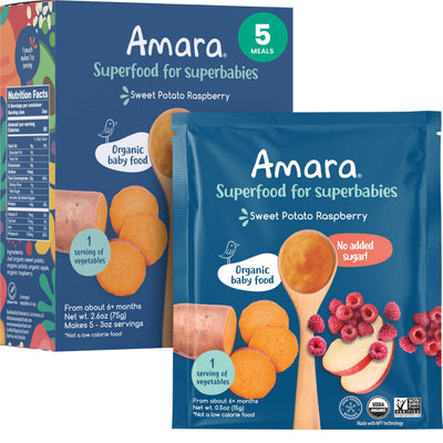 Amara organic baby food packaging for sweet potato raspberry flavor on a white background