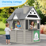 Kids Playhouse Outdoor,Cedar Gray Wooden Play House for Kids Ages 3-8,Interactive Doorbell, Kitchen Counter with Utensils, Sink, Window Boxes for Flowers and Toys