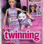 Barbie Twinning Looks Doll with Pet Dog in Matching Purple Daisy Clothes and Accessories for Both Like Flowers and Belt Bags, Black Hair