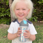 Chicco Insulated Straw Sippy Cup 12+ Months, 9oz Toddler Training Cup with Spill-Free Flip-Top Lid, BPA-Free 2-Pack, Silver/Blue Sunburst