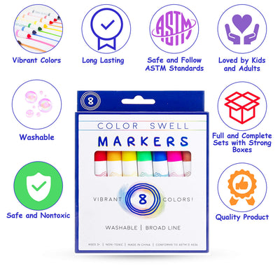 Color Swell 8-Pack Broad Line Markers – Washable, Non-Toxic, Ideal for Kids, Students, Adults, and Classroom Activities