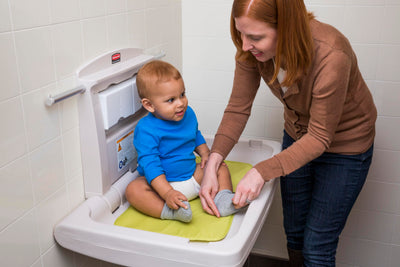 Rubbermaid Commercial Products Horizontal Baby Changing Station, Light Platinum, Wall-Mounted Fold-Down Diaper Change Table with Safety Straps for Restaurants/Hotels/Schools/Airports