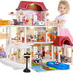 Doll House for Girls Toddler Toys with 4 Doll Toy Figure, Pool Slide, Elevator, Furniture, Pretend Play Dream Dollhouse Playset with Lights Gifts for Kids Girls Age 3 4 5 6-12 Year Old
