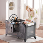 kingobabys 4 in 1 Baby Bassinet,Pack and Play,Bedside Crib Sleeper,Baby Bassinets Bedside Sleeper with Diaper Changer, Mosquito Net,Bottom Storage and Toy Bar for Newborn to Toddles (Grey)