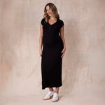 Motherhood Maternity Women's Short Sleeve V-Neck Henley Rib Knit Bodycon Maxi Pregnancy Dress, Black, Small