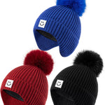 3 Pack Baby Winter Hats with Earflaps, 2 Size Kids Pom Pom Beanie for Infant Toddler Children, Smiley Face Hat for Girls Boys