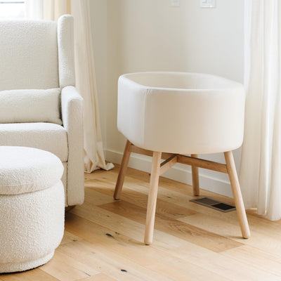 babyletto x GATHRE Capsule Bassinet in Vegan Ivory Leather, Wipeable & Water Resistant