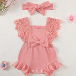Renotemy Newborn Infant Baby Girl Clothes 0-3 Months Baby Girl Summer Outfit Infant Cotton Linen Romper Coming Home Newborn Essentials Outfits Gifts Pink Lace Sleeve Bodysuit Jumpsuit with Headband