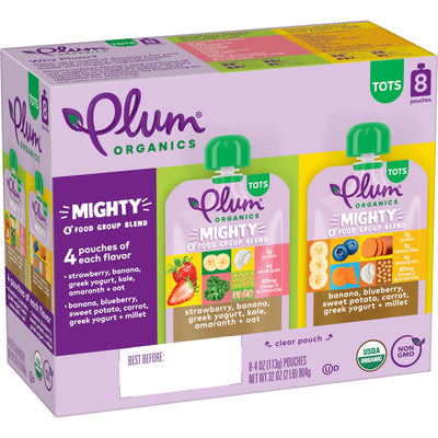 Plum Organics Mighty O's food group blend packaging with colorful design and text.