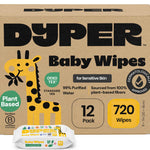DYPER Baby Wipes Unscented (720 Count) - 99% Water-Based & Hypoallergenic Baby Wipes, Made with Plant-Based Materials, Gentle for Sensitive Skin, Fragrance & Plastic-Free Wet Wipes, 12 Pack