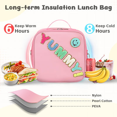 Aimsnk Reusable Insulated Lunch Bag for Kids Teens & Adults with Adjustable Shoulder Strap - Large Durable Lunch Bag Tote for School Travel Picnic Work - Leakproof Design Lunch Carrier (Pink-YUMMY)