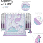 Sammy & Lou Tiny Dinos 4-Piece Baby Nursery Crib Bedding Set for Girls, Includes Quilt, Fitted Crib Sheet, Crib Skirt, and Plush Toy
