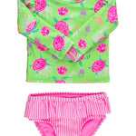RuffleButts Baby/Toddler Girls Skirted Long Sleeve Rash Guard Bikini UPF50+ Sun Protected Swimsuit - Neon Turtle Tide, 2T