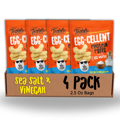Box of Todd's Egg-Cellent Protein Puffs in Sea Salt & Vinegar flavor with four packs.