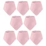 Set of nine pink baby bibs on a white background