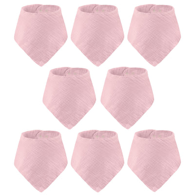Set of nine pink baby bibs on a white background