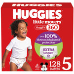 Huggies Size 5 Baby Diapers, Little Movers HuggFit 360° Baby Diapers with 360° Waistband, Size 5 (27+ lbs), 128 Count, Packaging May Vary