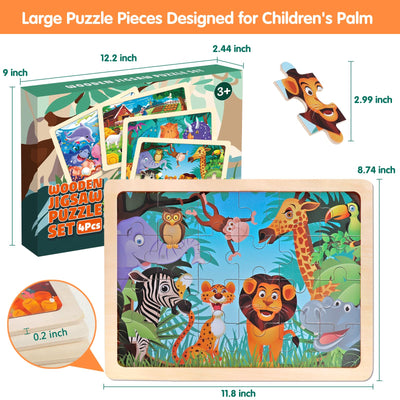 Jigsaw Puzzles Wooden Puzzles for Kids Ages 3-5 Preschool Educational Brain Teaser Boards Toddlers Toys Dinosaur Farm Zoo Sea World Gifts for 3 4 5 6 Year Old Boys Girls 4 Packs 24 Pcs