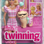 Barbie Twinning Looks Doll with Pet Dog in Matching Pink Gingham Clothes and Accessories for Both Like Sunglasses, Necklaces and Bows, Blonde