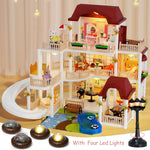Doll House for Girls Toddler Toys with 4 Doll Toy Figure, Pool Slide, Elevator, Furniture, Pretend Play Dream Dollhouse Playset with Lights Gifts for Kids Girls Age 3 4 5 6-12 Year Old
