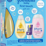 Johnson's First Touch Baby Gift Set, Baby Bath, Skin & Hair Essential Products, Kit for New Parents with Wash & Shampoo, Lotion, & Diaper Rash Cream, Hypoallergenic & Paraben-Free, 4 items