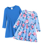 PATPAT Toddler Girl 2-Pack Long Sleeve A-line Dress Set School Days & Special Events, Deep Blue Camellia, 3 Years