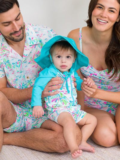 RUGGEDBUTTS Baby/Toddler Boy Swimsuit, One Piece Zipper Rash Guard Sunsuit with UPF 50+ Sun Protection - Tropical Resort, 3-6m