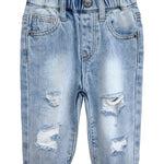 KIDSCOOL SPACE Infant Jeans,Baby Toddler Elastic Waist with D-Ring 4 Ripped Holes Denim Pants,Light Blue,9-12 Months