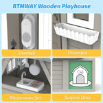 Kids Playhouse Outdoor,Cedar Gray Wooden Play House for Kids Ages 3-8,Interactive Doorbell, Kitchen Counter with Utensils, Sink, Window Boxes for Flowers and Toys