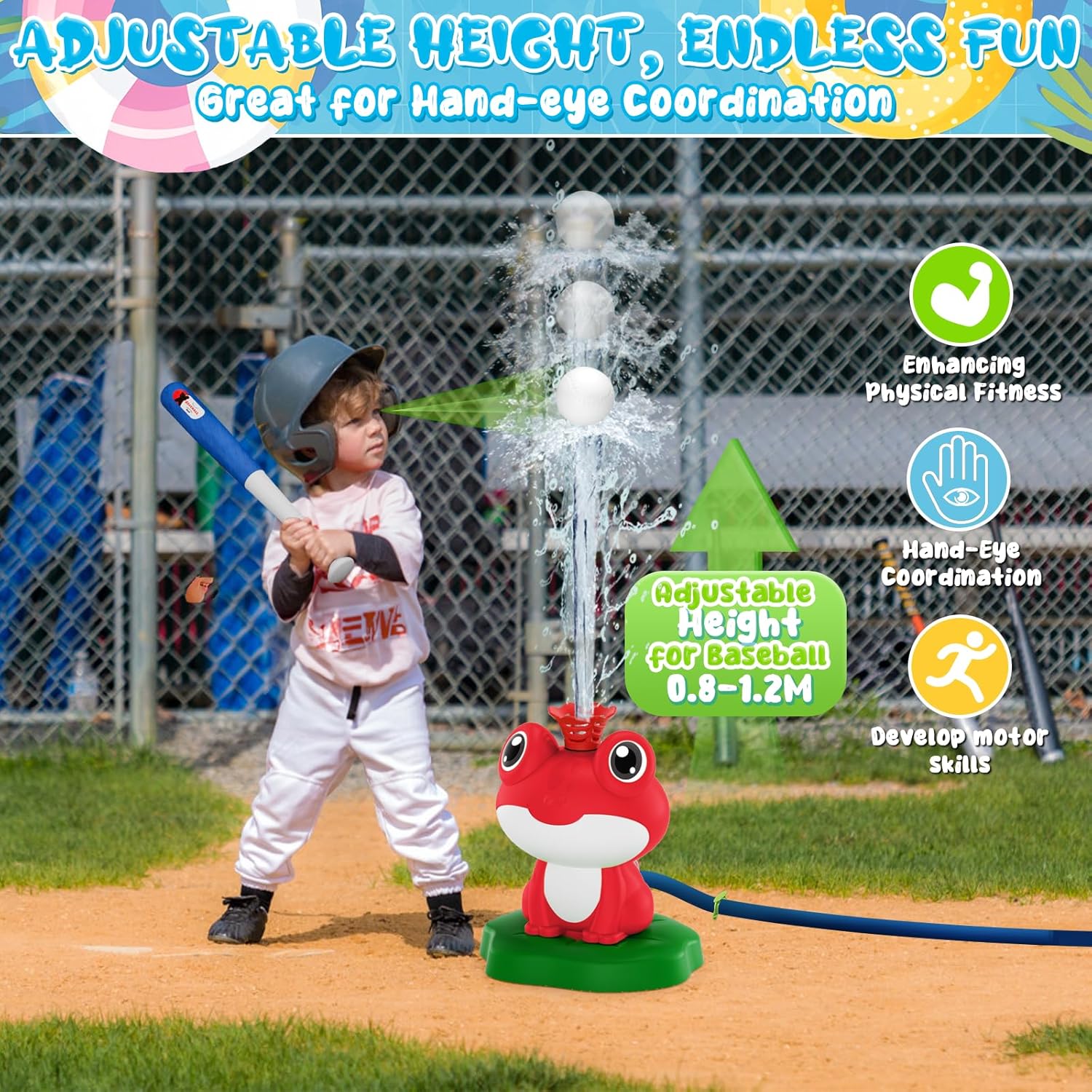 2-in-1 Water Sprinkler Baseball Toy for Kids Outdoor Play, 360° Rotating Spray and 2 Sprinkler Heads for Splashing and T-Ball Games, Summer Backyard Lawn Activities for Toddler Ages 3+ (Red)