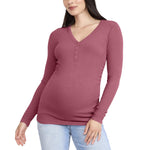 Motherhood Maternity Women's Long Sleeve V-Neck Side Ruched Henley Pregnancy Tee Shirt, Red Violet, Medium