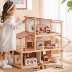 ROBOTIME Wooden Dollhouse, Doll House for Girls – 3-Story Bohemian Style Doll House with 37- Piece Furniture & Awning, Pretend Play Wooden Dollhouse Gift for Kids Ages 3+