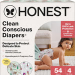 The Honest Company Clean Conscious Diapers for Delicate Skin | Up to 100% Leakproof | Hypoallergenic, Fragrance Free | Winter '25 Limited Edition Prints | Club Box, Size 4 (22-37 lbs), 54 Count
