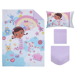 Disney Doc McStuffins - Cuddle Team Purple, White, & Blue 4Piece Toddler Bed Set - Comforter, Fitted Bottom Sheet, Flat Top Sheet, & Reversible Pillowcase, Lavender, Aqua, Pink, Yellow