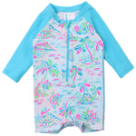 RUGGEDBUTTS Baby/Toddler Boy Swimsuit, One Piece Zipper Rash Guard Sunsuit with UPF 50+ Sun Protection - Tropical Resort, 3-6m