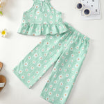 Kucnuzki Baby Girl Outfit 18 24 Months Girl Clothes Summer Toddler Clothes Cute Green Floral Beach Shirt Camisole Top with Long Leg Pants Two Piece Baby Outfit