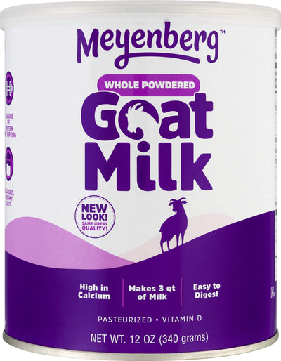 Meyenberg whole powdered goat milk canister on a white background