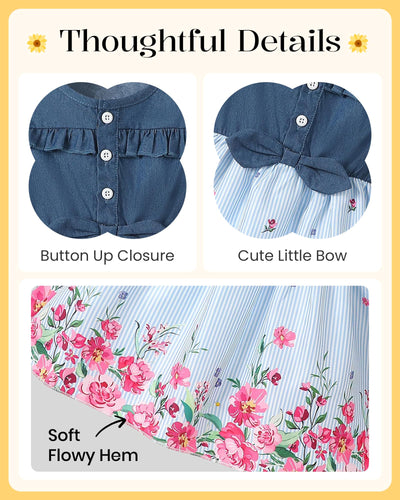Toddler Girl Clothes 2t 3t Cute Girl Clothes Blue Striped Floral Summer Birthday Dress Sleeveless Ruffle Denim Bow Dress Spring Party Jean Dresses