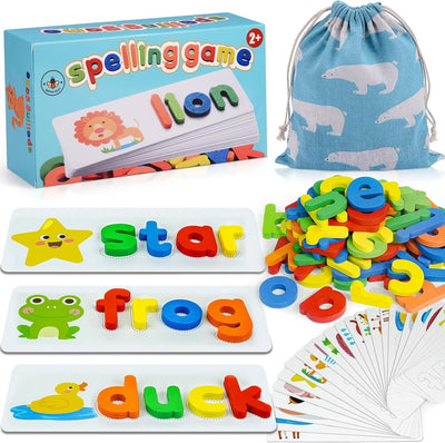 Spelling game set with colorful letters, word cards, and a drawstring bag on a white background.