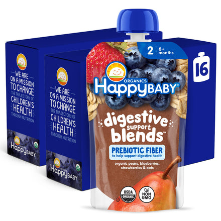 Happy Baby digestive support blends packaging with blue and brown design